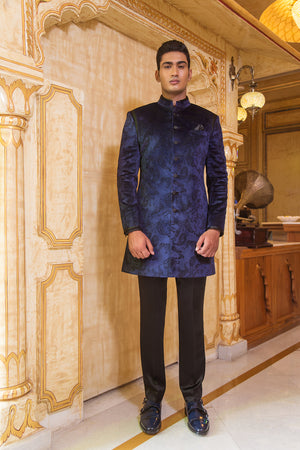 Blue Paisley Embossed Velvet Indowestern