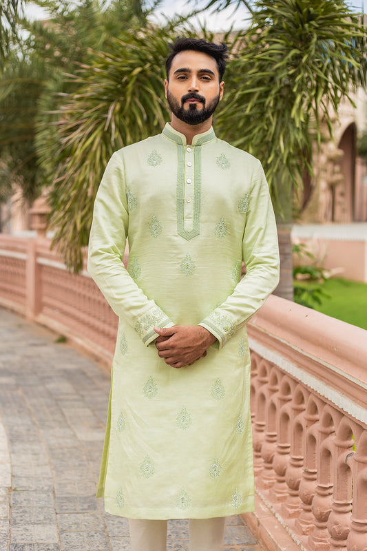 Mint Green Linen Silk Embroidered Kurta