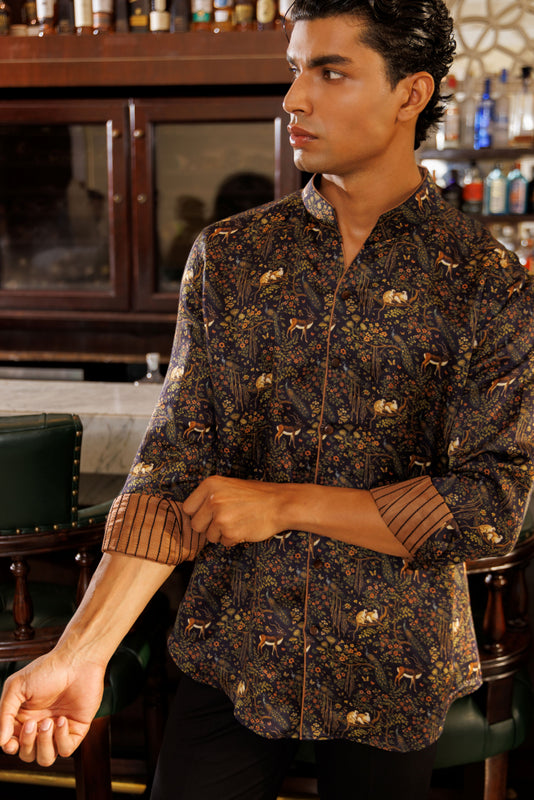 Black Forest Printed  Linen Silk Shirt