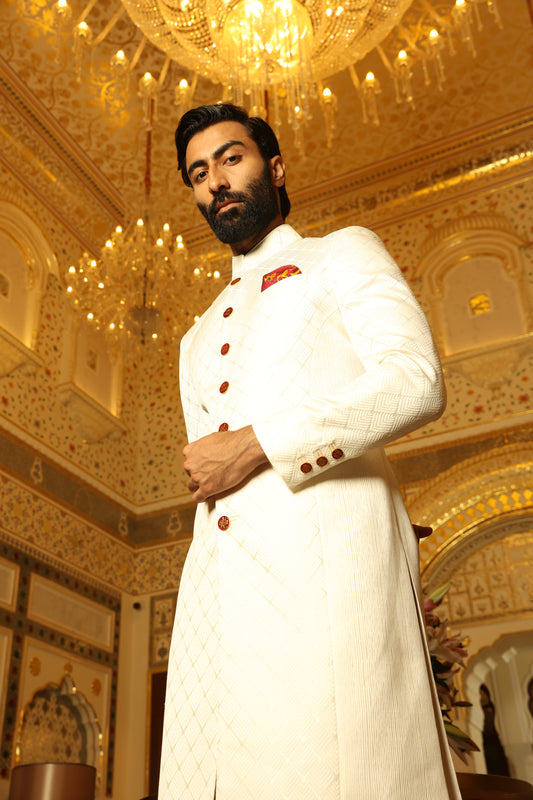 White Geometrical Embossed Achkan