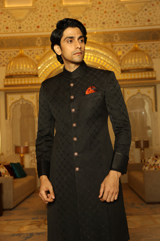 Black Geometric Achkan