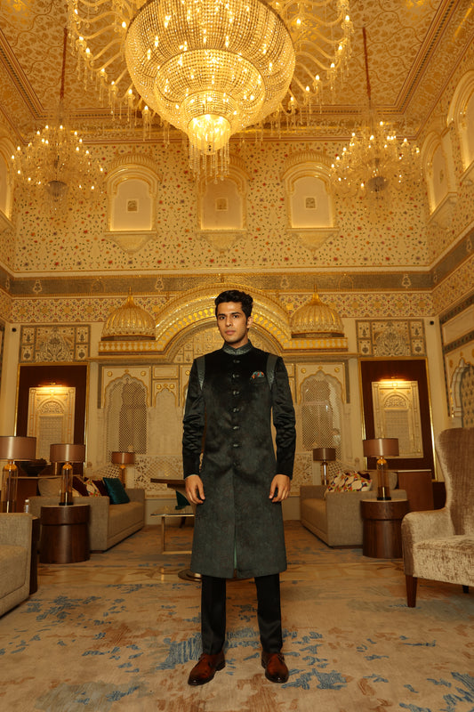 Green Multi Colour Printed Velvet Paisley Achkan