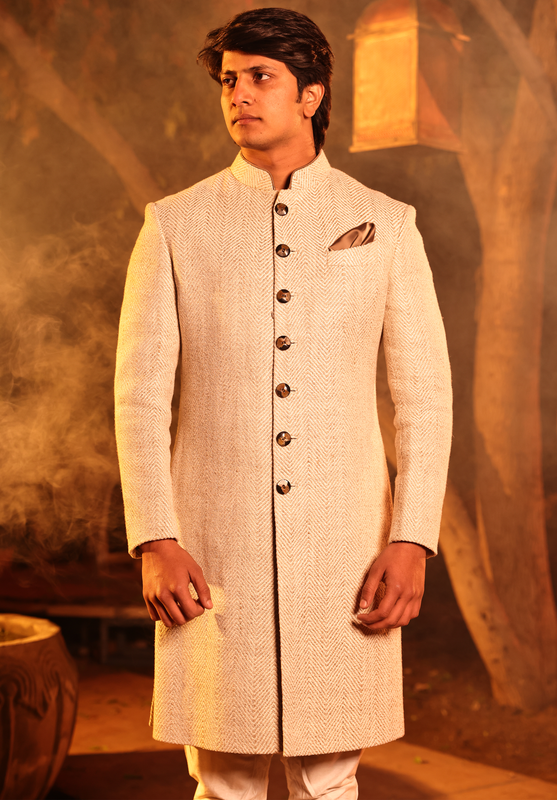Cream Grey Herring Matka Silk Achkan