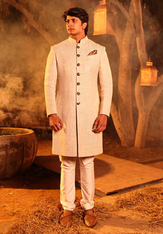 Cream Grey Herring Matka Silk Achkan