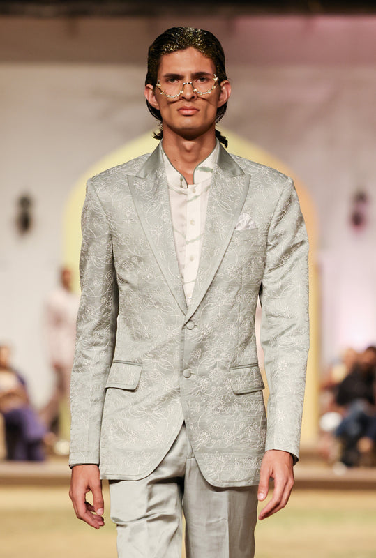 Cyan Foam White Embroidered Blazer