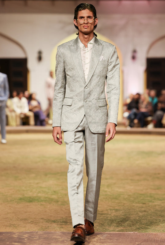 Cyan Foam White Embroidered Blazer