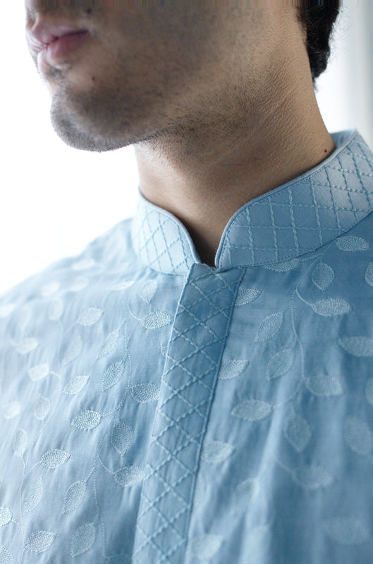 Powder Blue Leaf Embroidered Kurta