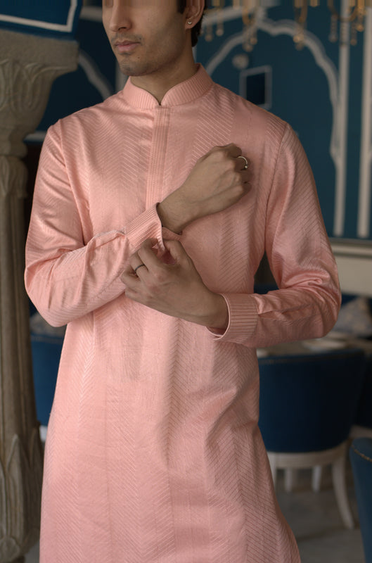 Peach Linen Silk Zig Zag Embroidered Short Kurta