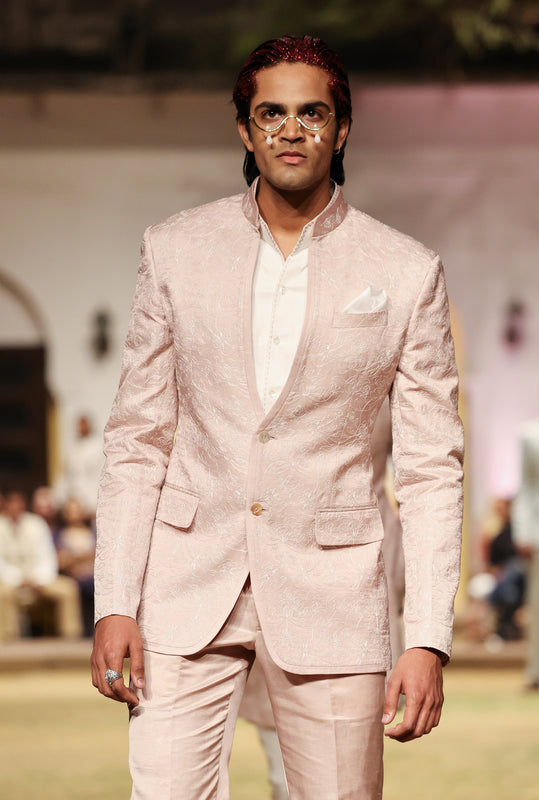 Primrose Pink White Embroidered Indian Tuxedo