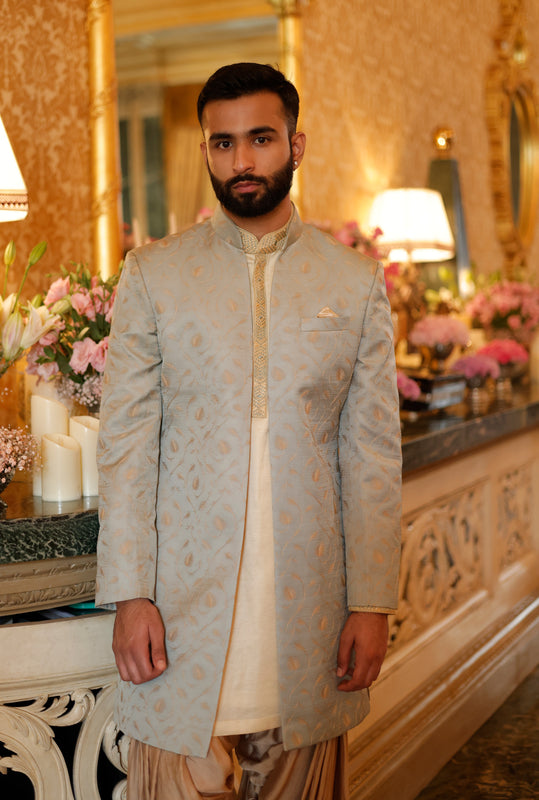 Sage Green Gold Flamingo Embroidered Minus Indowestern