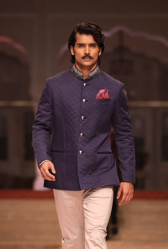 Dark Blue Linen Silk Embroidered Jodhpuri Bandhgala