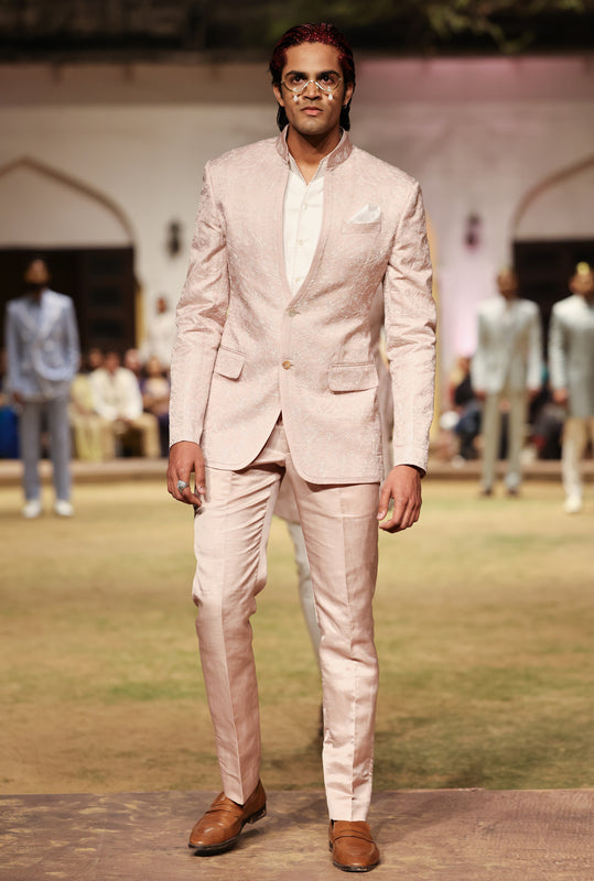 Primrose Pink White Embroidered Indian Tuxedo