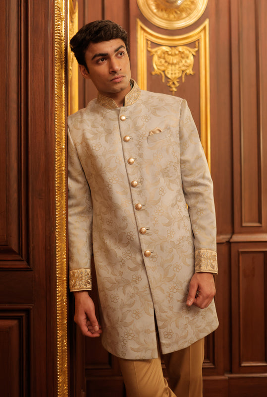 Light Blue Gold Floral Printed Embroidered Indo Western