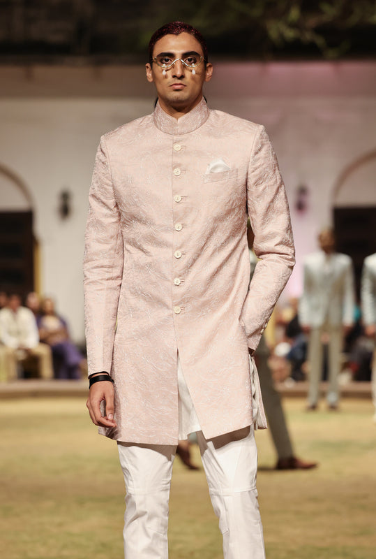Primrose Pink White Embroidered Achkan