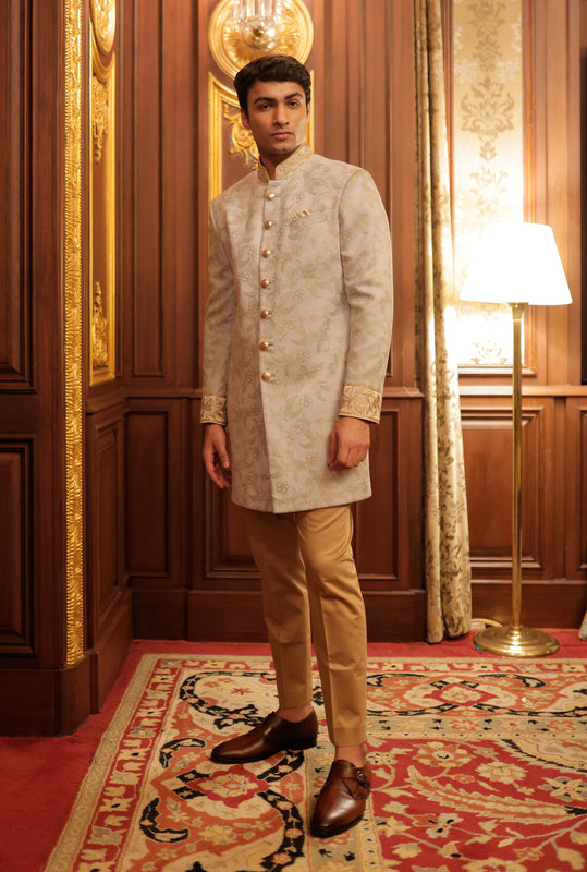 Light Blue Gold Floral Printed Embroidered Indo Western