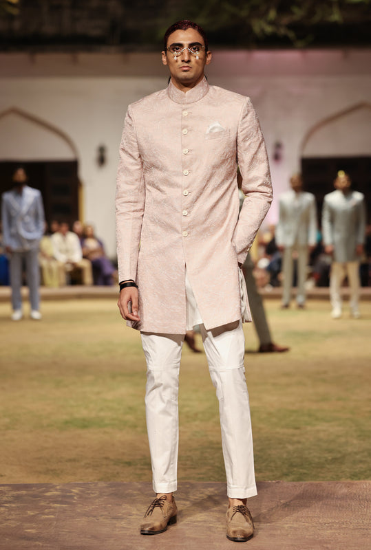 Primrose Pink White Embroidered Achkan