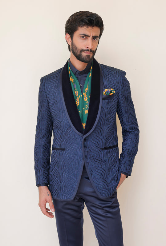 Blue Wavy Embroidered Tuxedo