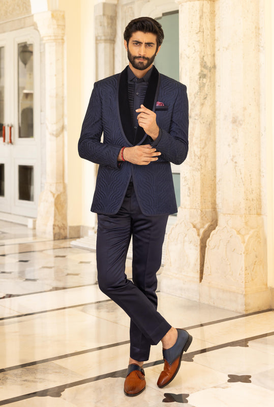 Blue Wavy Embroidered Tuxedo