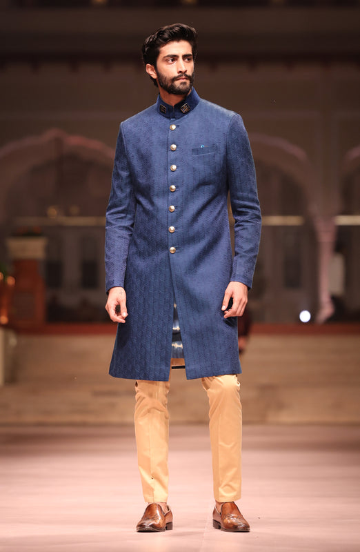 Teal Matka Embroidered Achkan