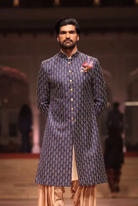 Blue Gold Matka Embroidered Achkan