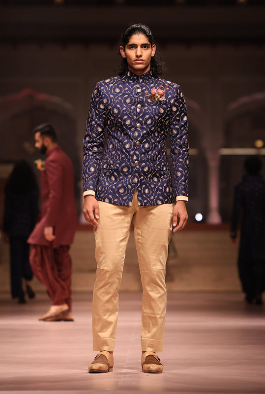 Blue Gold Flamingo Embroidered Jodhpuri
