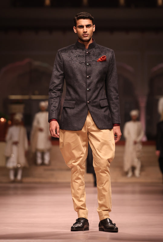 Black Embossed Paisley Jodhpuri Bandhgala
