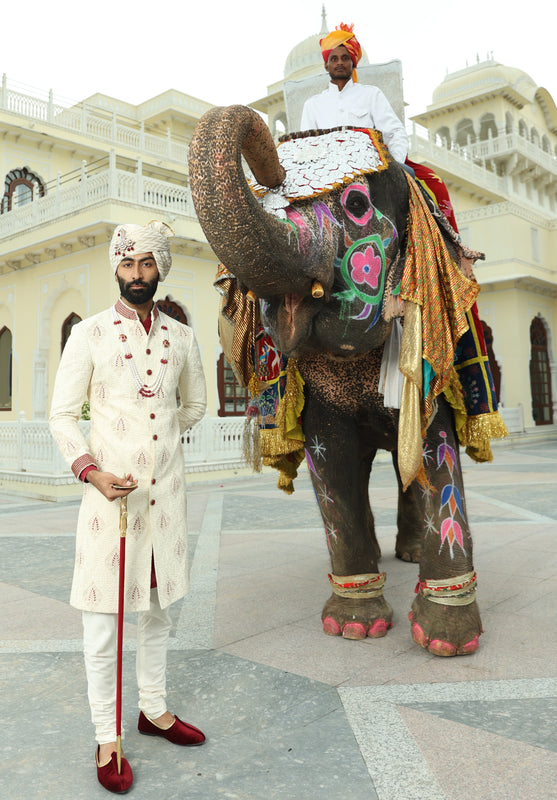 Off White / Maroon Embroidered Sherwani