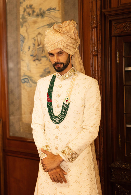 Off White Floral Embroidered Sherwani