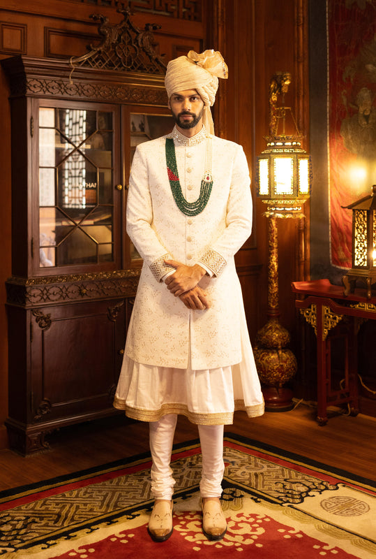 Off White Floral Embroidered Sherwani