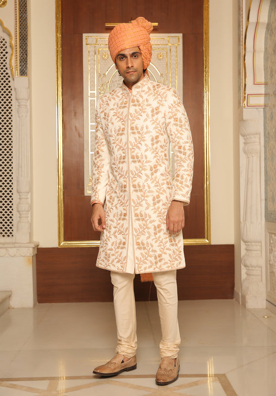Off White Velvet Embroidered Sherwani