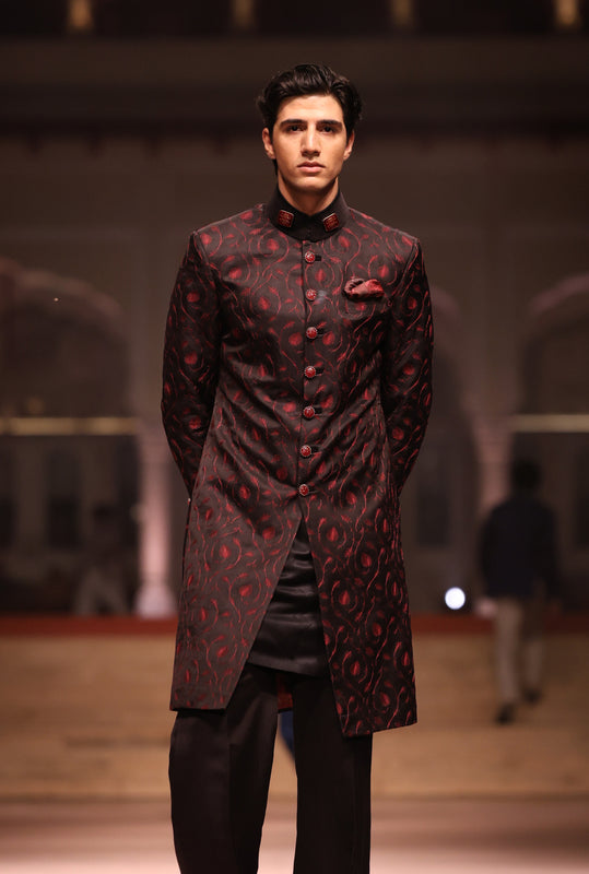 Black Red Flamingo Embroidered Achkan