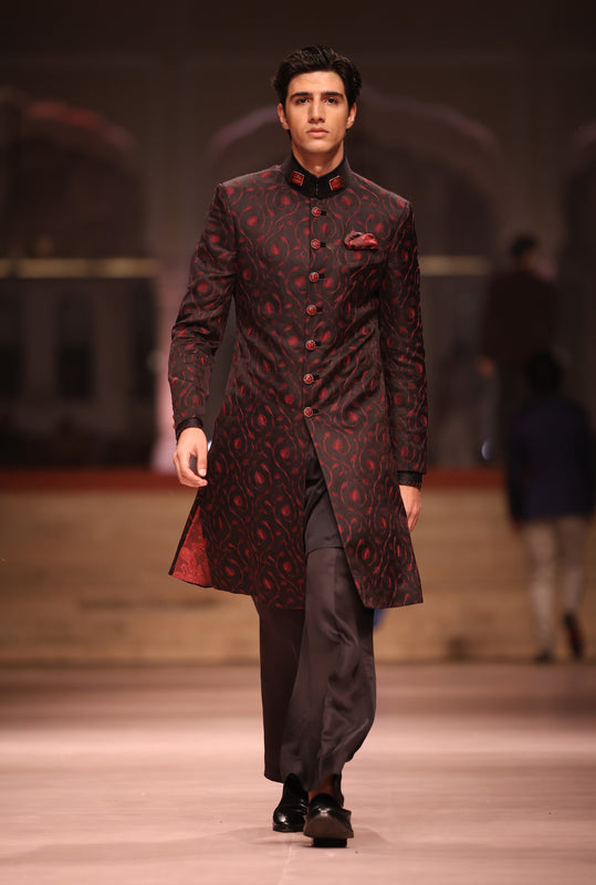 Black Red Flamingo Embroidered Achkan