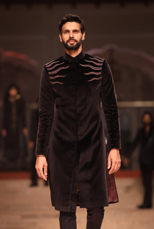 Black Velvet Embroidered Achkan