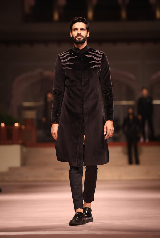 Black Velvet Embroidered Achkan