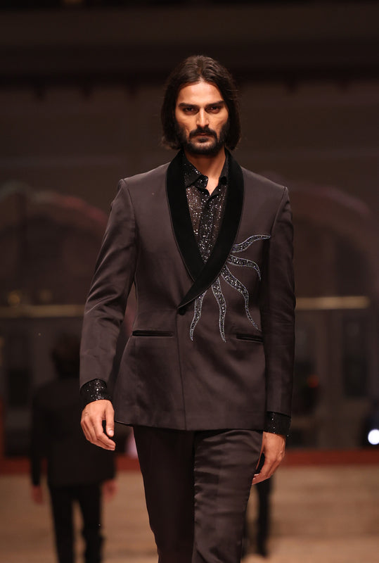 Black Linen Silk Embroidered Tuxedo