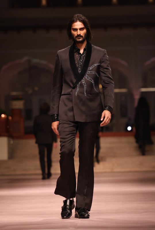 Black Linen Silk Embroidered Tuxedo