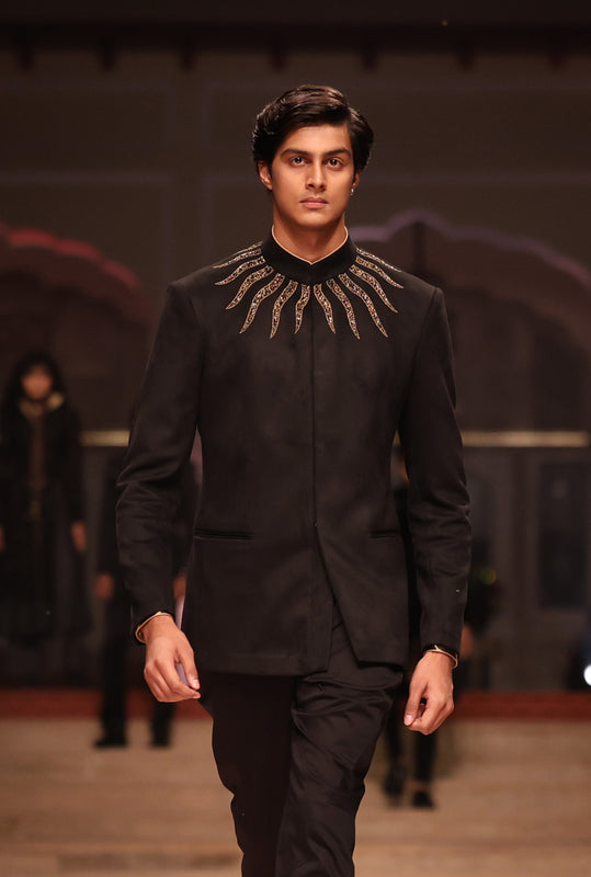 Black Suede Embroidered Jodhpuri Bandhgala