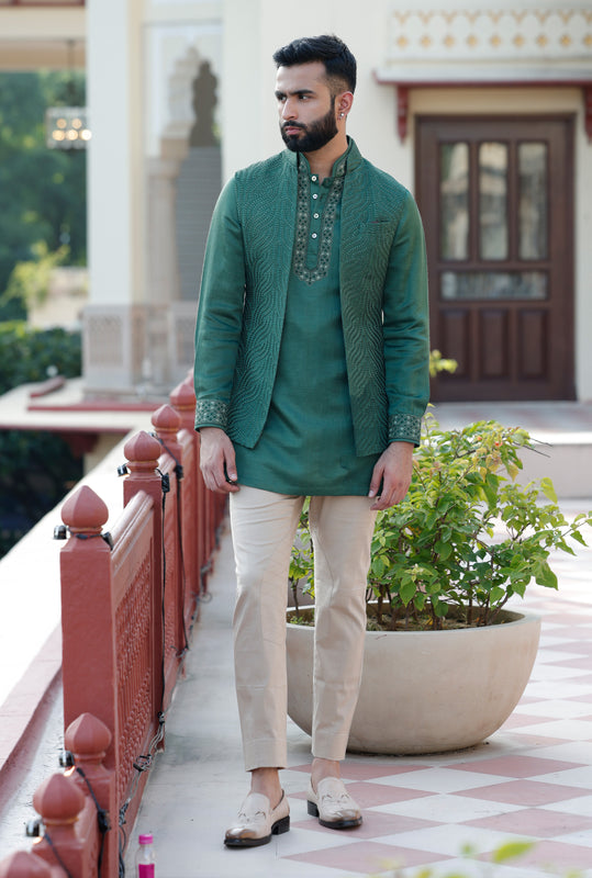 Dark Green Wavy Embroidered Minus Half Jacket