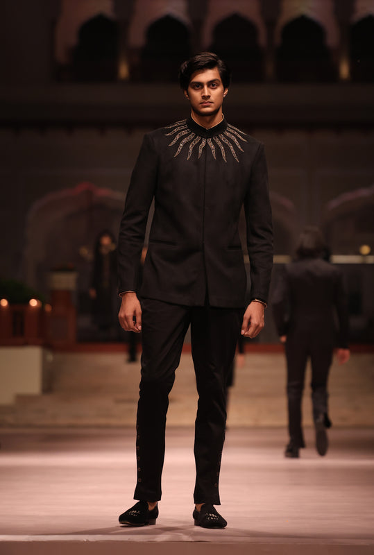 Black Suede Embroidered Jodhpuri Bandhgala