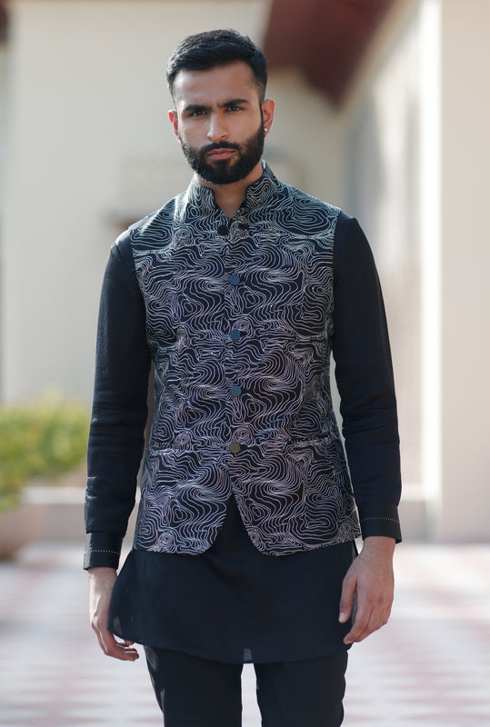 Black White Abstract Embroidered Half Jacket