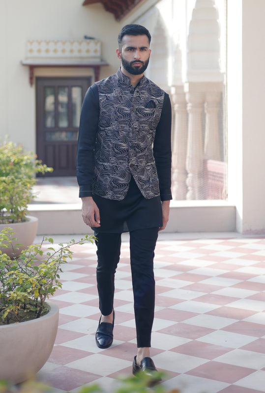 Black White Abstract Embroidered Half Jacket