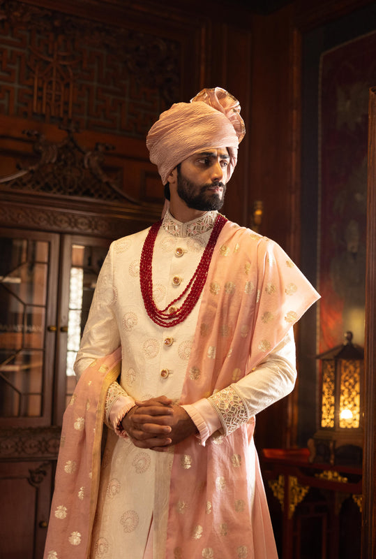 Off White Peach Highlighted Embroidered Sherwani