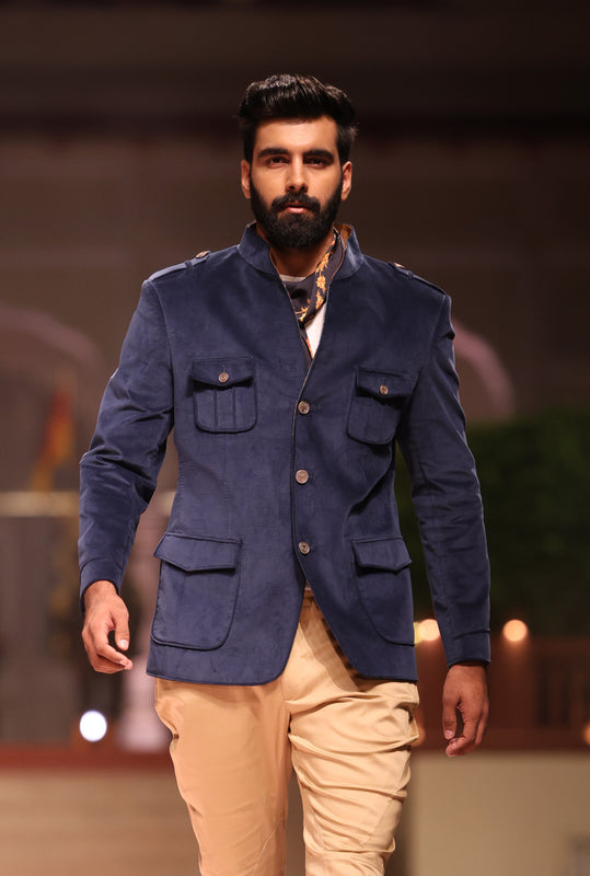 Royal Blue Ribbing Velvet Hunting Jacket