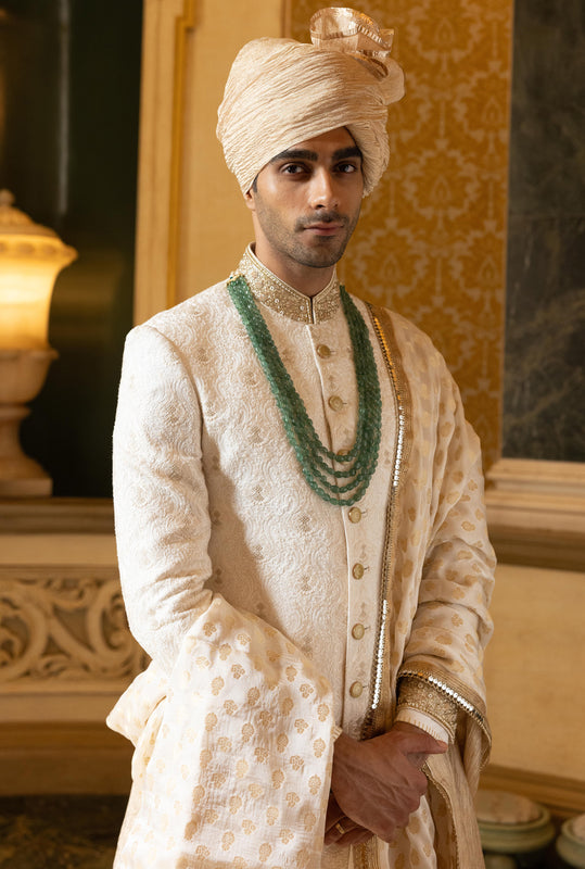 Off White Gold Embroidered Sherwani