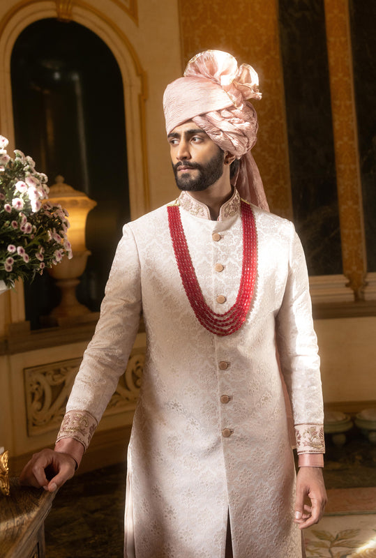 Blush Pink Jacquard Embossed Embroidered Sherwani
