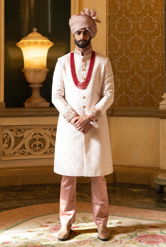 Blush Pink Jacquard Embossed Embroidered Sherwani