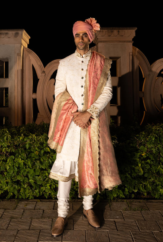 Off White Gold Floral Embroidered Sherwani