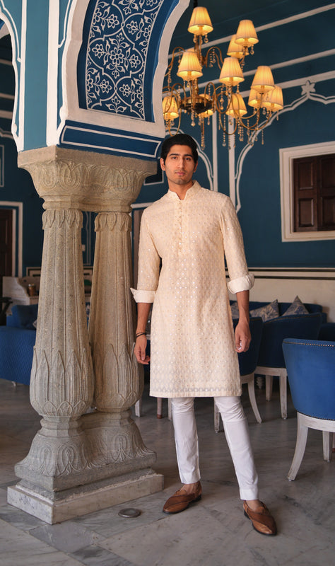 Off White Mirror Work Kurta