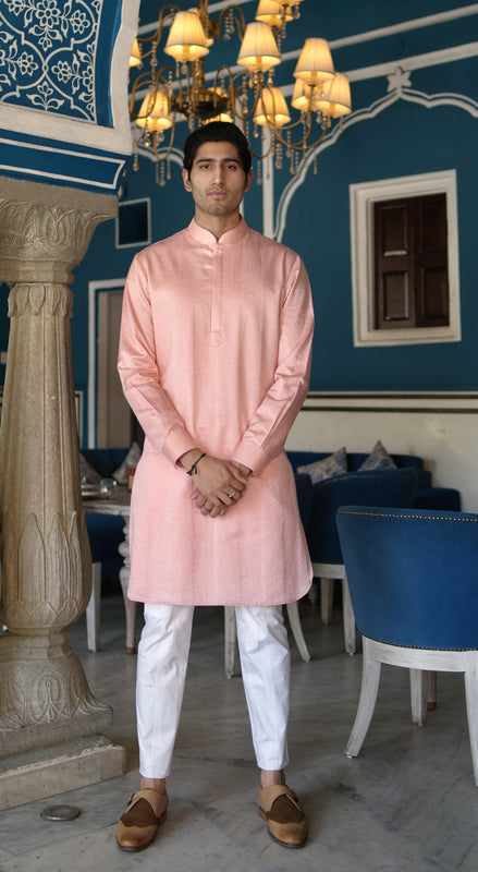 Peach Linen Silk Zig Zag Embroidered Short Kurta