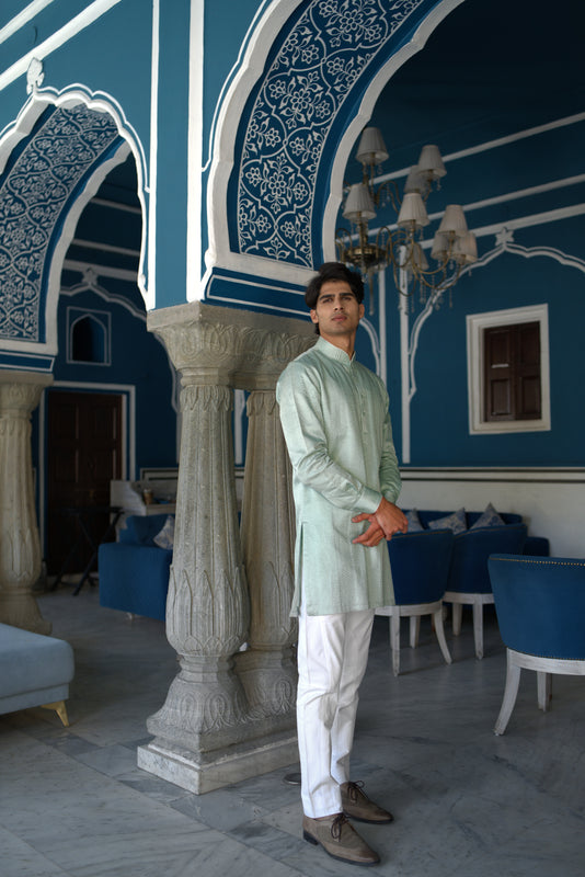 Mint Green Linen Silk Zig Zag Embroidered Short Kurta